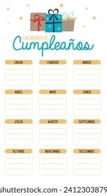 "calendario de cumpleaños" means birthday calendar in spanish. Template with months to fill in.