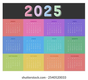 Calendario en español de 2025 con cuadros de colores, colorida agenda de arcoiris, agenda mensual 