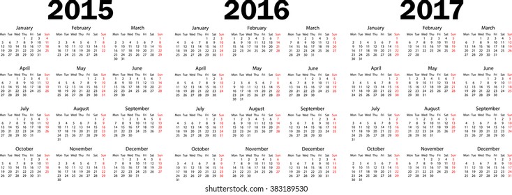 Calendars 2015,2016,2017. Weeks starts from monday. Vector illustration