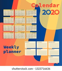 Calendars 2020. Weekly planner. Icon, emblem. Week starts from Sunday. Stationery. Concept for doing business.