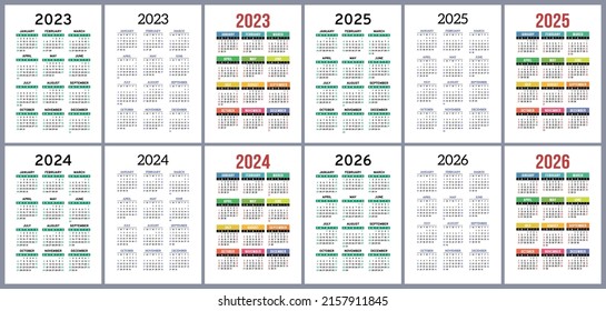 Calendars for 2023, 2024, 2025 and 2026 years. Color vector pocket calender design set. January, February, March, April, May, June, July, August, September, October, November, December