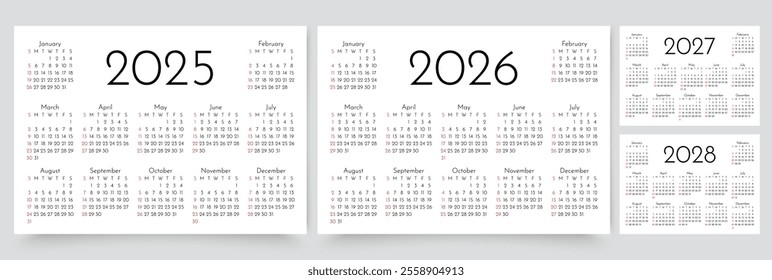 Calendars for 2025, 2026, 2027, 2028 years. Calender templates. Planner layout with 12 months. Desk planer grid. Week starts Sunday. Yearly diary in English. Vector illustration. Horizontal format, A4