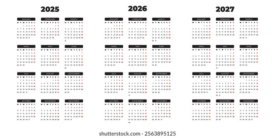 Calendars for 2025 2026 and 2027 Year