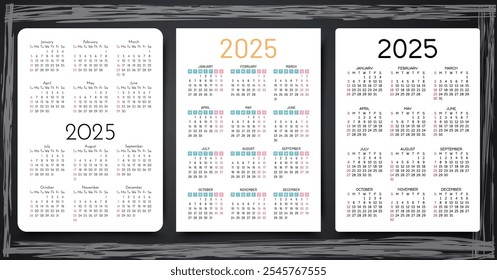 Calendarios para 2025. Plantilla de calendario. Cuadrícula con 12 meses. Diseños de calendario anuales en diseño simple de Vertical sobre fondo negro. Organizadores de escritorio, bolsillo o pared en inglés. Ilustración vectorial.