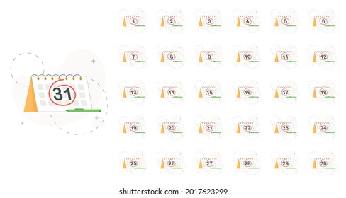 Calendars for all 31 days of a month. Flip flop calendar. Circled number of each day. Selected day. Mark day. Flat design isolated on white background