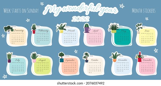 Calendars by month for planner, diary, scrapbooking.Calendar stickers for 2022 by month. 
Week starts on Sunday. Stickers with decorative house plants in a square format.