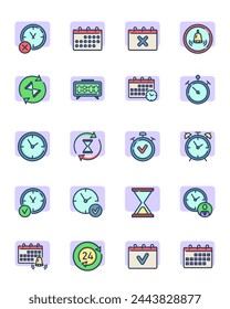 Calendars and clocks thin outline icon set. Timekeeper, stopwatch, timers, alarm clock, and hourglass isolated line symbols collection. Date deadline and time measurement concept