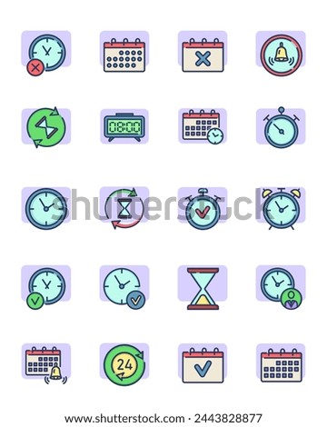 Calendars and clocks thin outline icon set. Timekeeper, stopwatch, timers, alarm clock, and hourglass isolated line symbols collection. Date deadline and time measurement concept