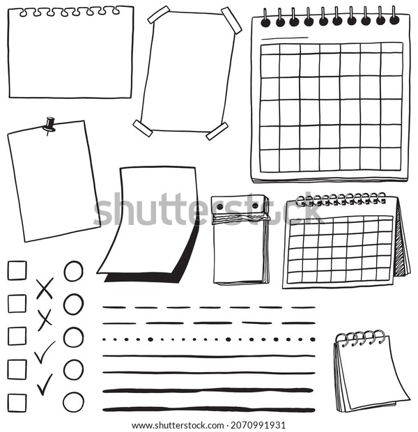 Calendars, memo pages, underlines, check marks\
paper blanks template in doodle style. Set of cliparts for daily\
planning, diary. Hand drawn vector graphic elements. Black drawing\
isolated on white.