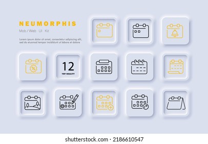 Icono de juego de calendarios. Añadir, más, en blanco, evento planificado, compartir, notificación, cita, flecha, lápiz, horario, campana, digital, cumpleaños. Concepto de planificación. Neomorfismo. Icono de línea de vector para empresas.