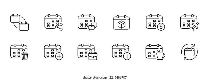 Calendars set icon. Planning, time management, delivery date, appointment, flight schedule, communication, coffee break. Business concept. Vector line icon for Business and Advertising