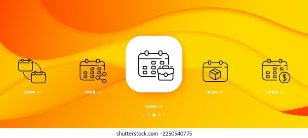 Calendars set icon. Punctuality, time management, appointment, schedule, planning, share, briefcase, delivery date, dollar. Time management concept. Infographic timeline with 5 steps