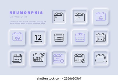 Calendars set icon. Schedule, appointment, planned event, notification, bell, birthday, pencil, digital, plus, add, arrow, share, blank. Planning concept. Neomorphism. Vector line icon for Business.
