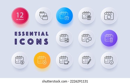 Calendars set icon. Schedule, appointment, planned event, notification, holiday, birthday, black friday, digital, plus, add, event, share, blank. Planning concept. Neomorphism. Vector line icon