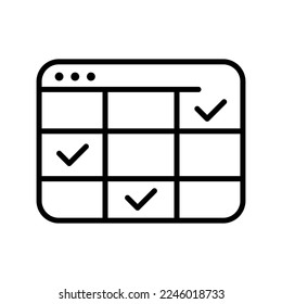 Calendars set icon. Schedule, appointment, planned event, notification, bell, birthday, planner, tick, digital, plus, add, arrow, share, blank. Planing concept. Vector line icon on white background