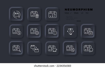 Calendars set icon. Schedule, information, reminder, time management, digital, star, exclamation point, gear, planned event, appointment. Planning concept. Neomorphism. Vector line icon