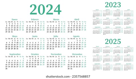 Calendarios en español para 2023, 2024, 2025 sobre un fondo blanco.