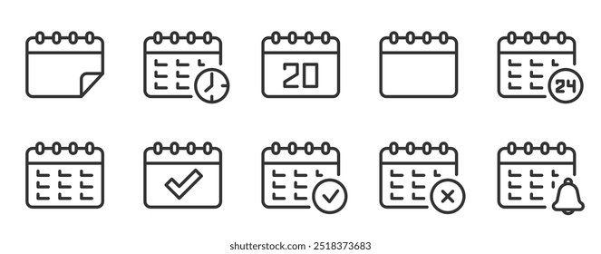 Calendars thin line icon set. Containing date, schedule, month, week, appointment, agenda, organization and event icons. Editable stroke. Calendar outline symbol collection. Vector illustration
