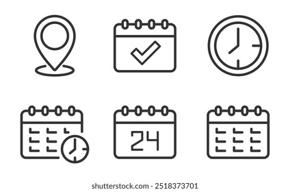 Ícone de linha fina de calendários definido. Contendo ícones de data, agendamento, mês, semana, compromisso, agenda, organização e evento. Traçado editável. Coleção de símbolos da estrutura de tópicos do calendário. Ilustração vetorial