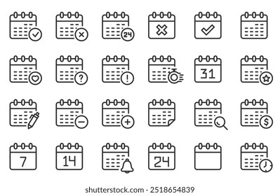 Calendars thin line icon set. Containing date, schedule, month, week, appointment, agenda, organization and event icons. Editable stroke. Calendar outline symbol collection. Vector illustration