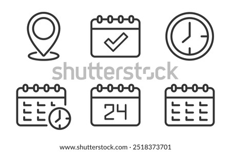 Calendars thin line icon set. Containing date, schedule, month, week, appointment, agenda, organization and event icons. Editable stroke. Calendar outline symbol collection. Vector illustration