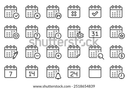 Calendars thin line icon set. Containing date, schedule, month, week, appointment, agenda, organization and event icons. Editable stroke. Calendar outline symbol collection. Vector illustration