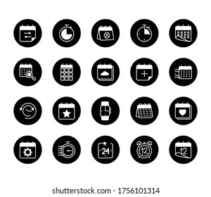 calendars and time icon set over white background, block style, vector illustration