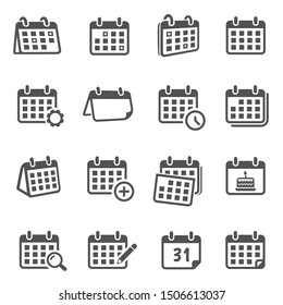 Calendars for time planning glyph icons set. Scheduling events, worktime organization silhouette symbols. Monthly timetable with cogwheel, magnifier, pencil isolated vector illustrations collection