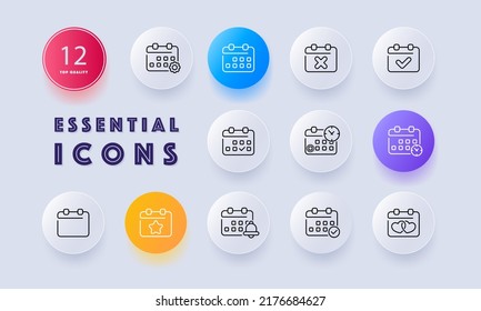 Calendars with website buttons set icon. Planning, plan, work, gear, tick, clock, event, date, notification. Time management concept. Neomorphism. Vector line icon for Business and Advertising.