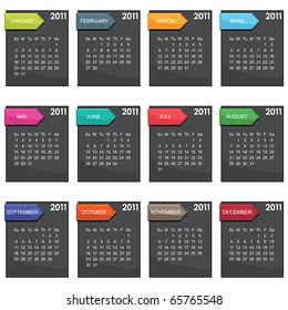 calender for 2011 in black square design with tabs isolated on white