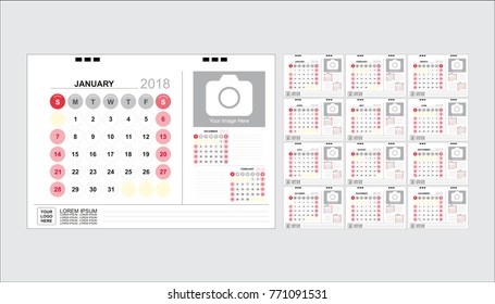 Calender for 2018 white and red background. Vector design template