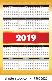 Calender 2019 in vector can be converted into any size for printing without losing resolution, in golden plate color template.