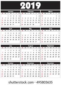 Calender 2019 in vector can be converted into any size for printing without losing resolution. 