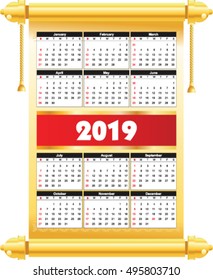 Calender 2019 in vector can be converted into any size for printing without losing resolution, in golden plate color template.