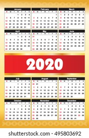 Calender 2020 in vector can be converted into any size for printing without losing resolution, in golden plate color template.
