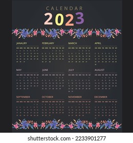 Calender 2023. Floral Pattern, Watercolor Flower. Handmade floral design