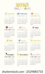  Calender 2025. Week starts Sunday. Simple calender template.