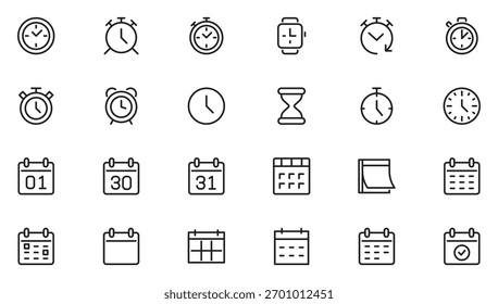Calender And Alerts Icons set. clock, stopwatch, timer, schedule, date, and more. Pictograms and infographic. Thin outline icons pack. Vector illustration