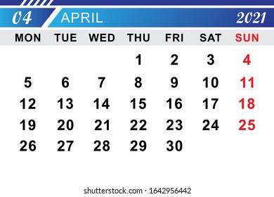Calender April 2021 Template Design. Vector Eps 10
