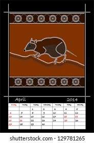 A calender based on aboriginal style of dot painting depicting musky rat kangaroo  - australian public holidays - april 2014