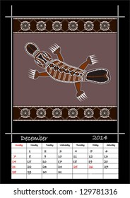 A calender based on aboriginal style of dot painting depicting Platypus - australian public holidays - December 2014