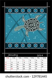 A calender based on aboriginal style of dot painting depicting longneck turtle - australian public holidays - january 2014