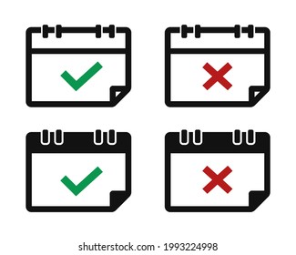Calender with check mark icon and cross sign. Event planner design concept. Schedule approved or canceled. Isolated on white background. Illustration vector