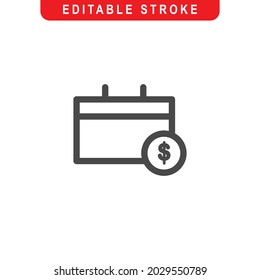 Calender With Coin Outline Icon. Calender Business Line Art Logo. Vector Illustration. Isolated on White Background. Editable Stroke