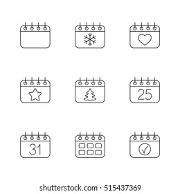 calender date schedule winter holiday christmas xmas celebration appointment winter outline thin line vector icons set