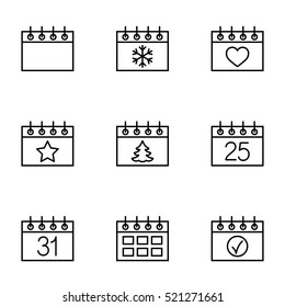 calender date schedule winter holiday christmas xmas celebration appointment winter outline thin line vector icons set