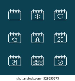 calender date schedule winter holiday christmas xmas celebration appointment white on blue outline thin line vector icons set