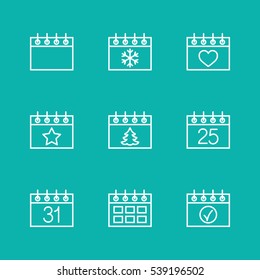 calender date schedule winter holiday christmas xmas celebration appointment white on blue outline thin line vector icons set