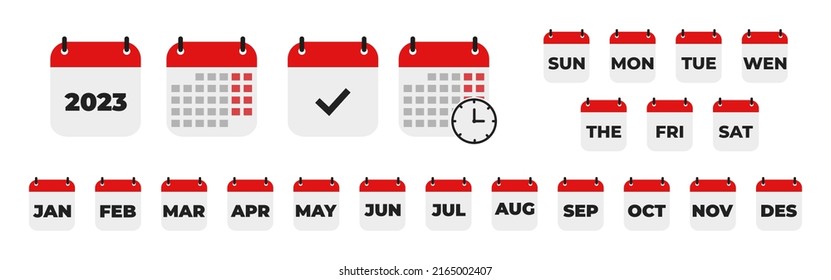 Calender , days of the week. Set every day a week . Collection of calendar symbols. Vector icon. Flat, red and white calendar, icon set for the week. 10 eps