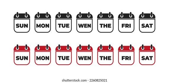 Calender , days of the week. Set every day a week . Vector icon. Flat, red and white calendar, icon set for the week. 10 eps